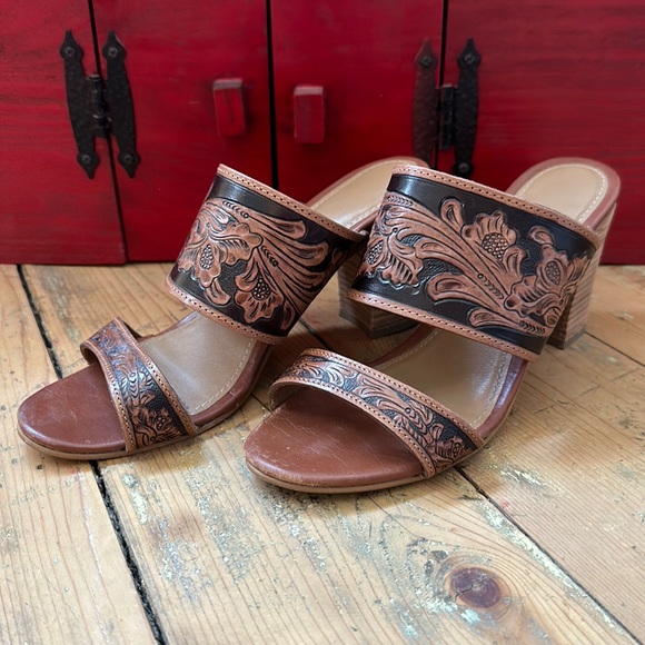 Shoes - Western leather tooled healed brown sandals.  Women’s size 7.  Boutique brand.